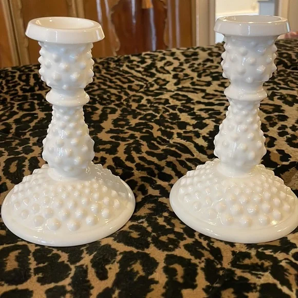 Fenton Hobnail Milk Glass Candle Holders - Set of 2 - Picture 3 of 4